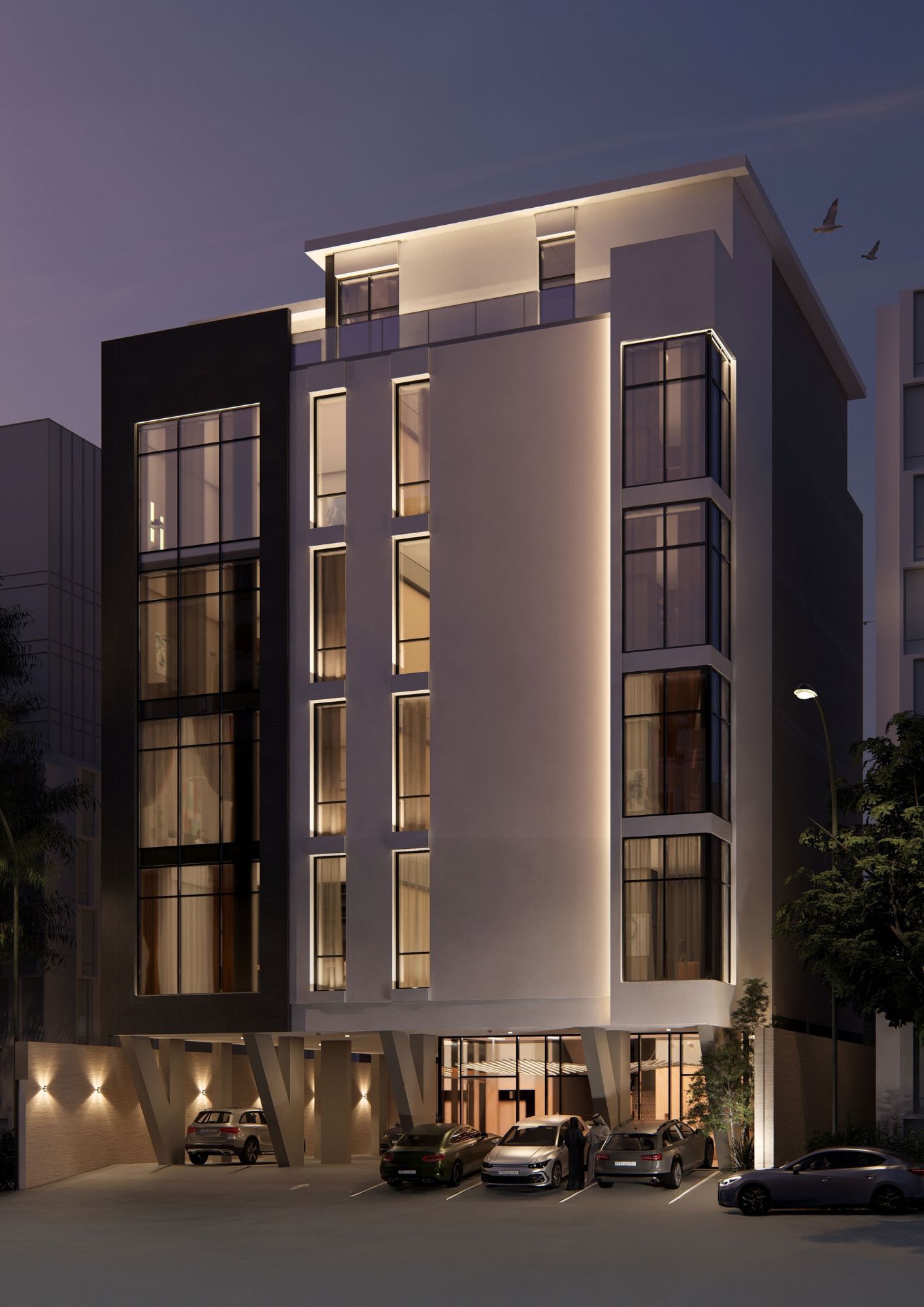 Façade at night — NOBAL Five, Al Rawdah