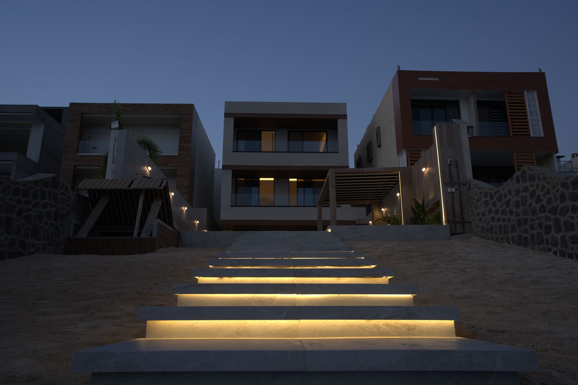 Façade at night — Private Beach Villa, Durrat Al Arous