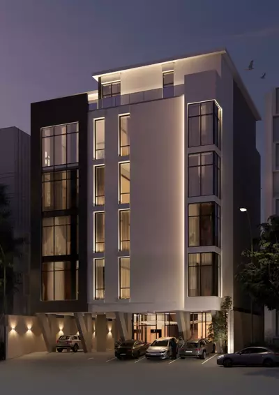 Façade at night — NOBAL Five, Al Rawdah