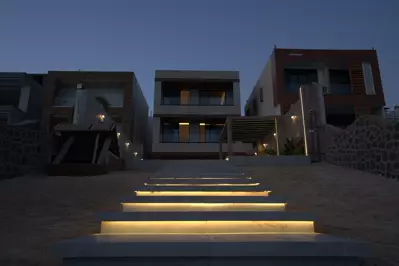 Façade at night — Private Beach Villa, Durrat Al Arous